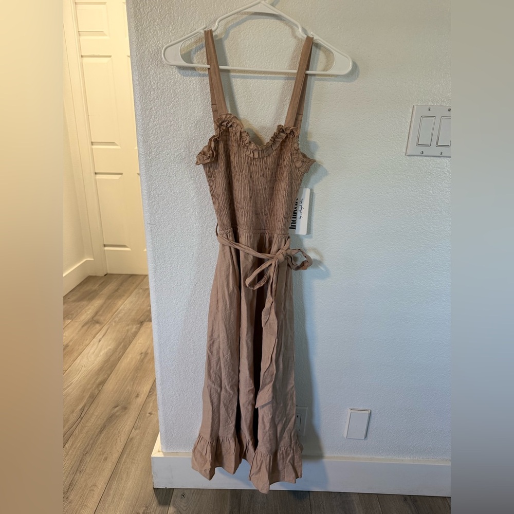 Indikah by Angel Biba Elegant Tan Midi Dress with Ruffled Straps